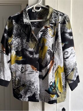 Abstract Print Women's Blazer Jacket - Black & Yellow Accents